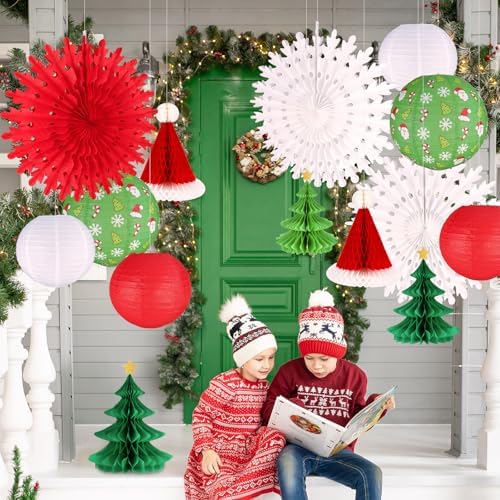 UNIQOOO 14PCS Assorted 3D Christmas Honeycomb Paper Lantern Decoration Garland Set,Celling Hanging Tissue Pine Tree Star, Santa Hat,Snowflake Fan,Japanese Lanterns for Holiday XMAS Party Banner Supply
