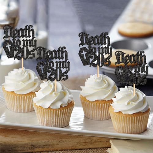 24Pcs Black Death to My 20s Cupcake Toppers Death to My Twenties Cupcake Picks for Gothic 30th Birthday Funeral 30th Birthday Anniversary Cupcake Decorations Rip to My Youth Emo Party Decorations