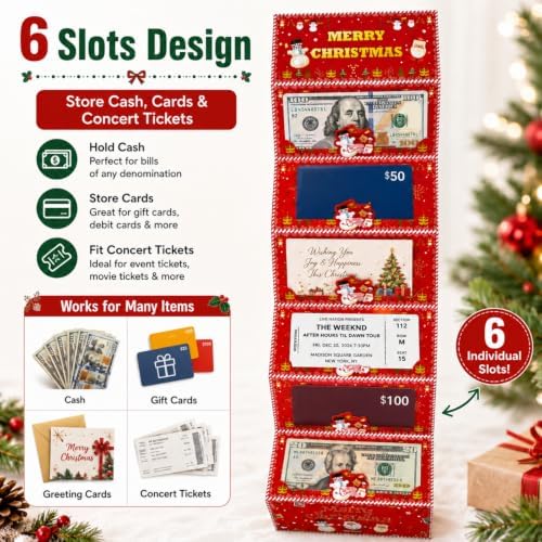 SRPHUAV Christmas Money Holder with 6 Slots, Cash Card Envelope, Foldable, Paper, Red, for Kids Adults Family Friends