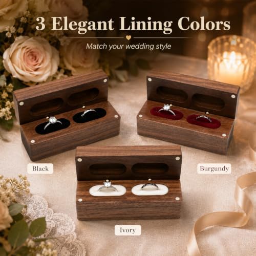 Personalized Wedding Ring Box Engraved with Name Date Text, Custom 2 Slot Wooden Ring Bearer Boxes for Ceremony Proposal Anniversary Engagement Gifts for Couples Bride Groom Him Her (Rectangle
