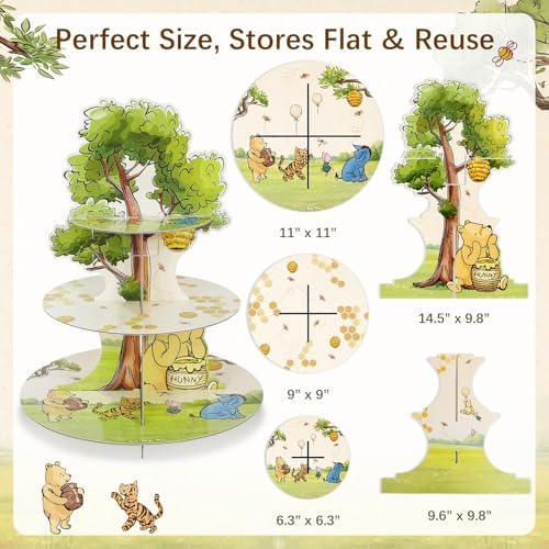 Winnie Cupcake Stand, 3-Tier Cardboard Cupcake Holder for Classic Winnie Bear Baby Shower Birthday Cupcake Decorations