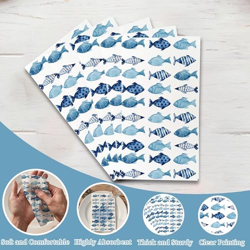 200 Pcs Blue Fish Disposable Paper Napkins Ocean Theme Guest Hand Towels for Bathroom Wedding Summer Beach Party Dinner Birthday Supplies