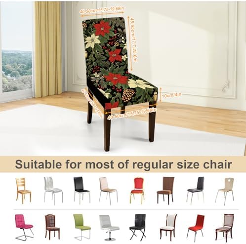 Christmas Chair Covers for Dining Room – Festive Holiday Floral Print Slipcovers with Red Poinsettia, Pinecones & Holly – Stretch Washable Dining Chair Protector for Winter Decor, Parties