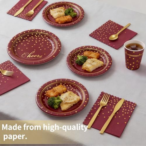 168Pcs Maroon and Gold Paper Plates and Napkins Party Supplies for 24 Guest