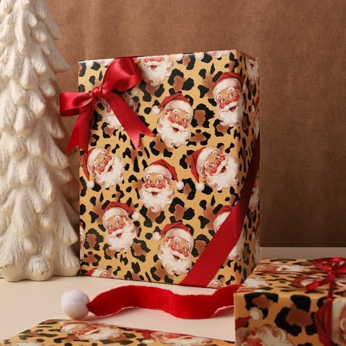 LaRibbons Christmas Santa Wrapping Paper, Vintage Santa on Cheetah Print