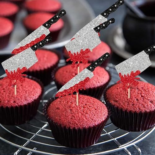 Rsstarxi 24 Pack Halloween Cupcake Toppers Horror Blood Knife Cupcake Picks Have a Killer Birthday Cake Decorations for Halloween Blood Knife Theme Birthday Party Decorations