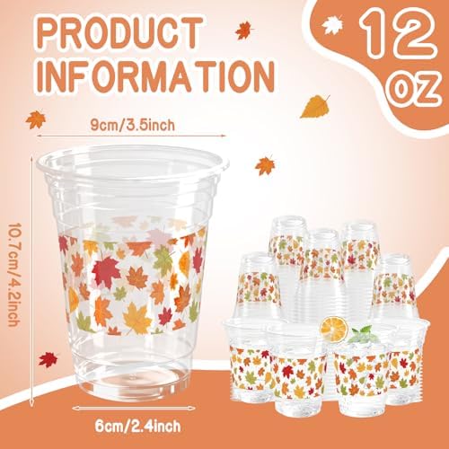 100 Pcs Fall Plastic Cups 12oz Maple Leaf Clear Disposable Plastic Cups for Harvest Autumn Fall Thanksgiving Birthday Party Supplies