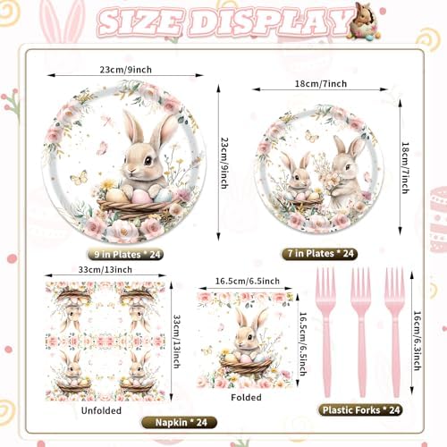 96 Pieces Easter Bunny Eggs Paper Plates and Napkins, Spring Floral Rabbit Disposable Tableware with Plates Napkins Forks for Spring Easter Party Supplies, Baby Shower Birthday Party Decor - Serves 24