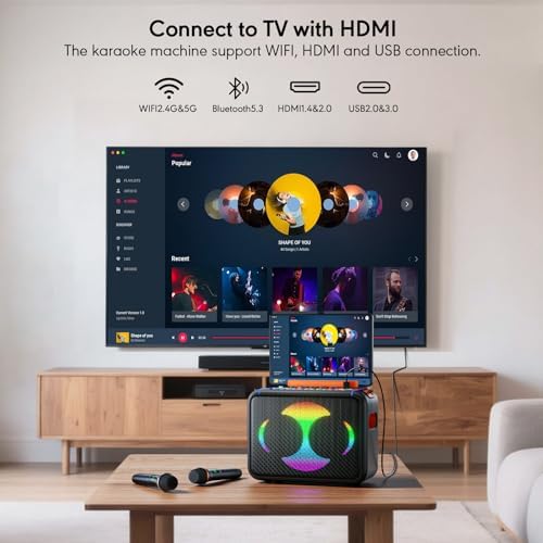 Smart Karaoke Machine with 14.0'' Touch Screen, Lyrics Display & Pre-Install Karaoke APP, Up to 600W Party Speaker and Dual Wireless Mics, Portable for Home & Outdoor