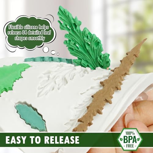 HKNMTT Leaf Fondant Silicone Mold Small Maple Shapes, 34 Cavity Tree Fern Leaves Rose Flower for Cake Cupcake Topper Craft Decorating Sugar Candy Clay Plant Moulds DIY BPA Free