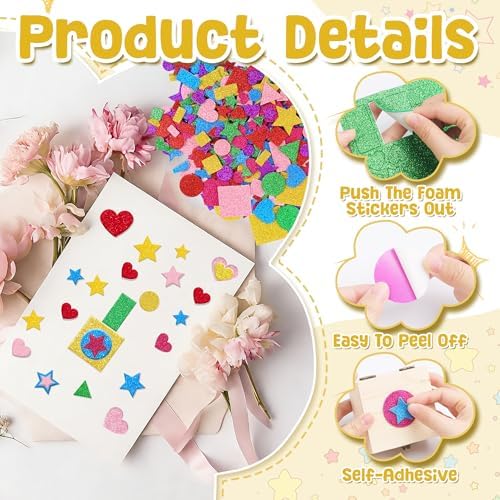 Foam Stickers, 870 PCS 3D Glitter Foam Geometric Shape Stickers, 7 Colors