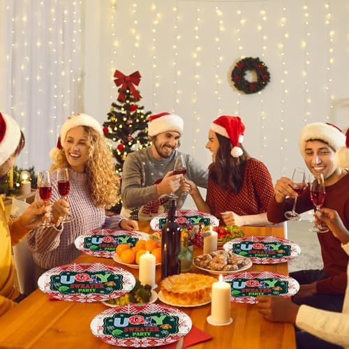 50PCS Christmas Ugly Sweaters Oval Paper Plates Merry Christmas Plates Tableware Decor Large 11inch Disposable Xmas Oval Paper Platter Decor for Xmas Holiday Party Winter Home Dinner Supplies