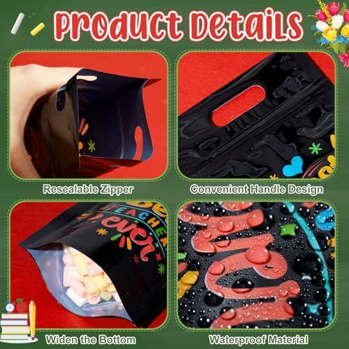 Engrowtic 50 Pcs Back to School Teacher Gift Bags Resealable First Day of School Teacher Treat Bag Bulk Thank You Goodie Pouches with Handles for Classroom Preschool Kindergarten Supplies