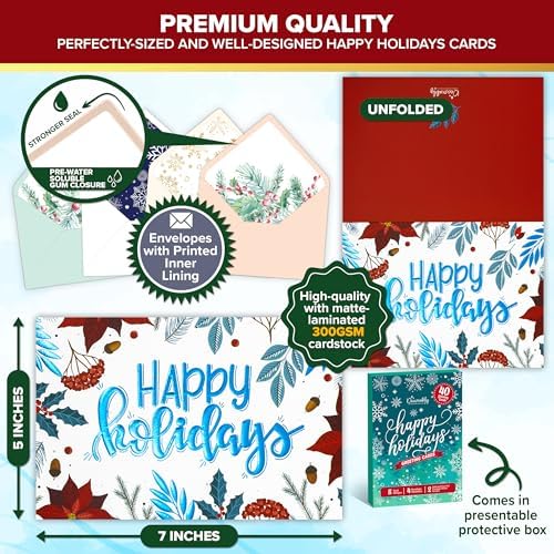 Decorably 40 Pack Foil Embossed 5x7in Assorted Holiday Cards Bulk