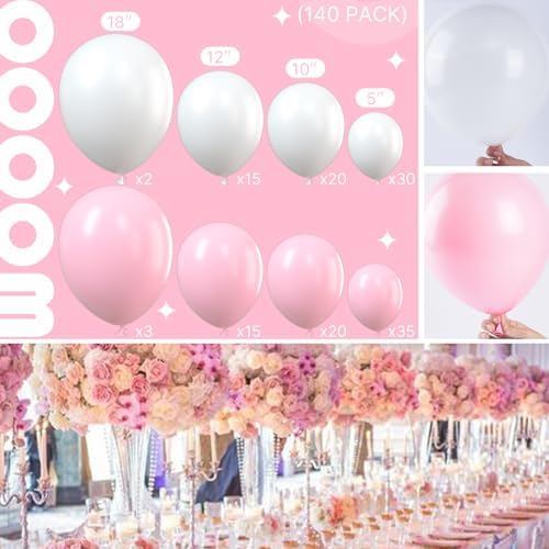 PartyWoo Pastel Pink and White Balloon Arch Kit 140pcs Different Sizes