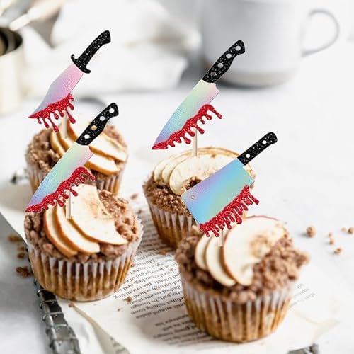 30 Pack Halloween Knife Cupcake Toppers Glitter Scary Bloody Knife Cupcake Picks Killer Birthday Cake Decorations for Happy Halloween Baby Shower Party Supplies