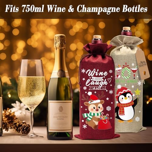12Pcs Christmas Burlap Wine Bags, Drawstring Wine Gift Bags Bottles Covers