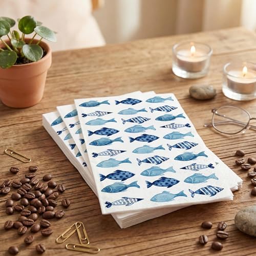 200 Pcs Blue Fish Disposable Paper Napkins Ocean Theme Guest Hand Towels for Bathroom Wedding Summer Beach Party Dinner Birthday Supplies