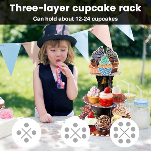 Race Car Theme Cupcake Stand - 3 Tier Cupcake Tower Decorations Dessert Holder for Table Display Truck Party Decor