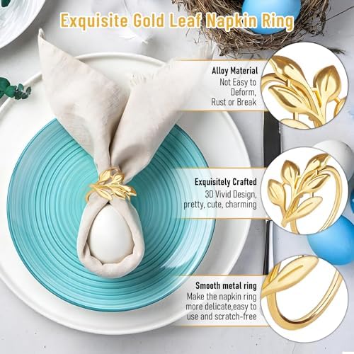 Gold Napkin Rings Set of 12, Metal Leaf Napkin Ring Holders for Cloth Napkins, Fall Napkin Ring Buckles Bulk for Wedding Receptions, Christmas Thanksgiving Holiday Party Dinner Table Settings