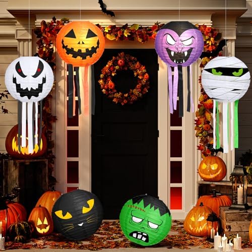 VIHOSE 12 Pcs Halloween Hanging Decorations Paper Lanterns, Jack-o-Bat Lanterns with Tassels Halloween Lantern Decorative for Indoor Outdoor Party Trick-or-Treat Event Supplies