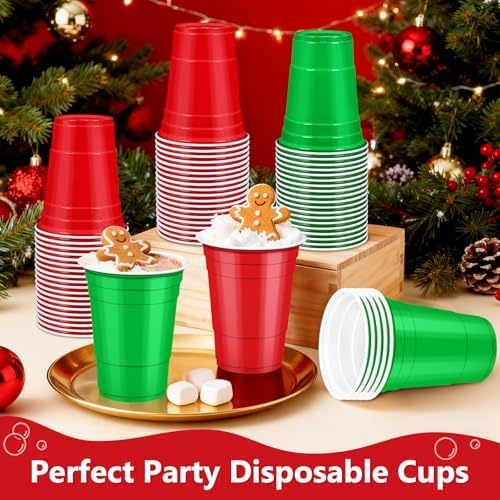 LANLISA 100Pcs Red and Green Plastic Cups, 16 oz Disposable Cups For Christmas Birthday Party Decorations
