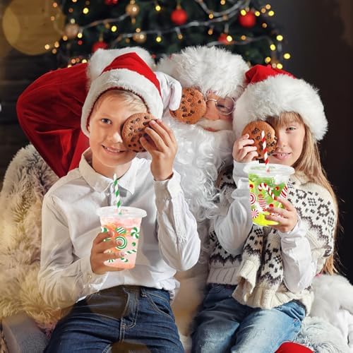 Whaline 100 Pcs 12 Oz Christmas Disposable Cup with Lid Straw Plastic Party Cup Red Green Peppermint Candy Cane Clear Glasses for Coffee Juice Cold Beverage Drink Xmas Holiday Party Supplies