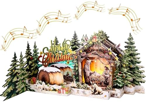 Musical 3D Pop-Up Christmas Card with LED Lights – Plays “Joy to The World”, Holy Night Scene with Baby Jesus, Mary and Joseph, LED Holiday Greeting Card with Envelope & Note Card