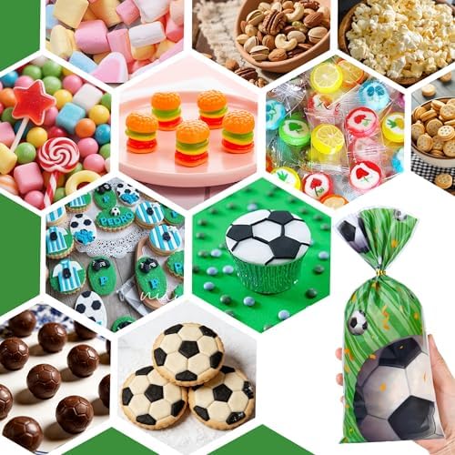 50 Pcs Soccer Cellophane Treat Bags - 5" x 11" Sports Themed Goodie Bags with 60 Gold Twist Ties, 4 Adorable Soccer Designs Clear Candy Bags for Soccer Birthday Party Favors, Team Celebration