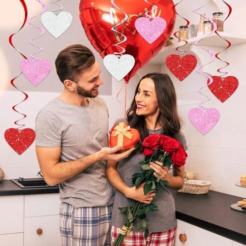 BEISHIDA Happy Valentine's Day Pre-Strung Hanging Swirls Valentine's Decorations Red Pink Silver Glitter Heart Hanging Decorations for Mother's Day Wedding Anniversary Proposal Party Supplies 15Pcs