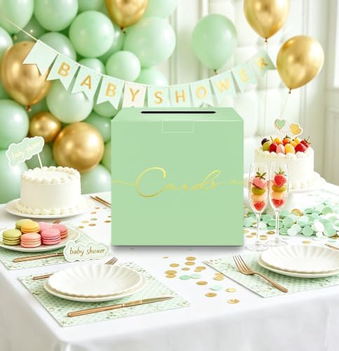 HEIPINIUYE Sage Green Wedding Card Box with Gold Foil 9.8" x 9.8" Green Large Gift Card Box for Party Wedding Reception Graduation Birthday Baby Shower Cardboard Raffle Envelope Box with Slot