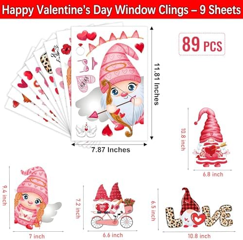 9 Sheets Valentines Day Window Clings Decor: Double-Sided Gnome Window Stickers, Cute Heart & Love Static Cling Decals, Reusable Valentine Decorations for Home School Office Party and Store
