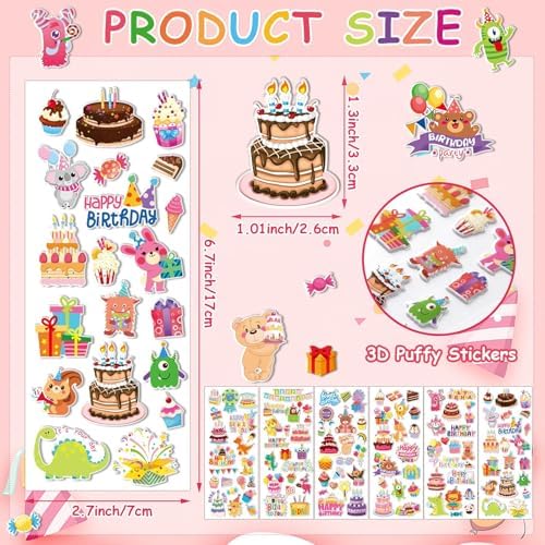 UPINS 12 Sheets Happy Birthday Stickers for Kids 3D Puffy Foam Decals