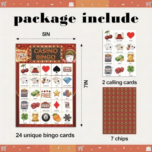 Casino Party Bingo Game Cards, Las Vega Bingo Set for Adults Large Group, Casino Themed Fun Games, Las Vega Party Activities, Icebreaker Games for Family Friends, 07