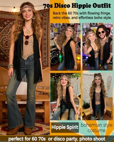60s 70s Outfit for Women Hippie Costume Clothes Fringe Vest Accessories