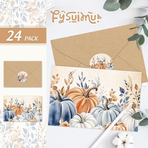 FYSUIMU 24 Pack Fall Cards Boxed Vintage Pumpkin Leaves Greeting Cards with Envelopes Stickers Autumn Blank Note Card for Thanksgiving Harvest Party Supplies, 4 x 6 Inch