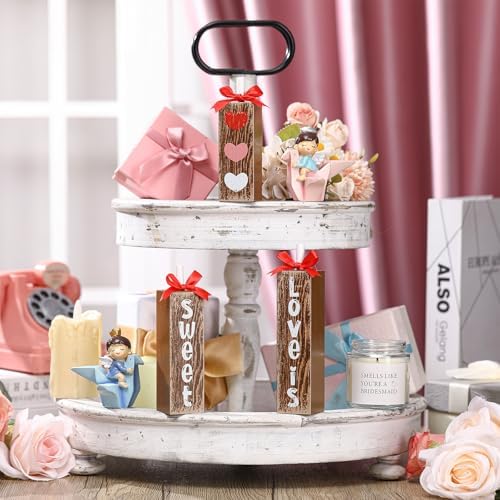 Redbaker 3pcs Valentine's Day Table Centerpieces Valentines Office Decor Wooden Block Sign Love Is Sweet Table Decoration Rustic Farmhouse Red Pink Heart Tiered Tray Decor for Home Office Mantel Desk