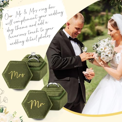 Mr & Mrs Velvet Wedding Ring Box 2 Slots Cursive Hexagon Jewelry Ring Box for Wedding Day Ceremony Bridal Photography Gift Set of 2 (Olive Green)