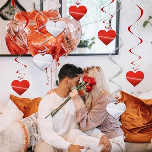 BEISHIDA Happy Valentine's Day Hanging Swirls Valentine's Decorations Red Silver Heart Hanging Ornament Wedding Anniversary Engagement Proposal Party Supplies Romantic Party Decorations Pack of 15