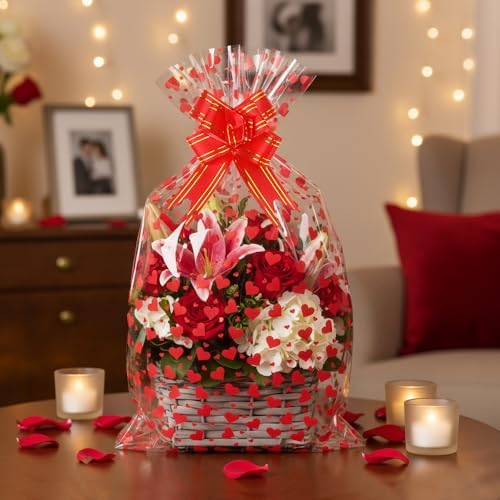 10 Sets Large Valentines Cellophane Bags(20x28 Inch) with Pull Bows Red Heart Gift Goodie Basket Stocking Stuffers Wrap Valentine Day Galentines Party Decorations Favors Supplies Holiday Baggies