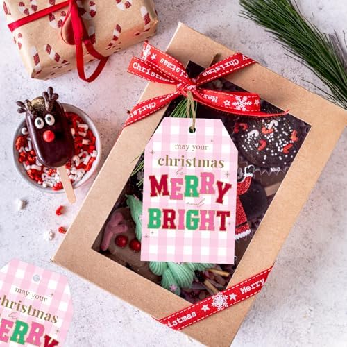 joycraft 50Pcs Christmas Tags with String, Pink Plaid Merry Christmas Tags