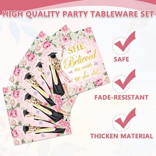 96Pcs She Believed She Could So She Did Paper Plates Napkins Forks Flower Graduation Decorations 2026 Party Tableware Floral Grad Class of 2026 for College High School Supplies Serve 24 Guests
