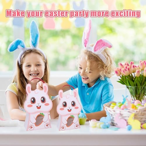 CcXxming 30 PCS Easter Party Favor Bags with Handles，Bunny-Shaped Treat Bags with Window & Stickers (Large)，Paper Goodie Boxes for Kids Egg Hunts