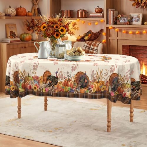Thanksgiving Tablecloth Oval 60 x 102 Inch, Stain Resistant Machine Washable Fabric Polyester Turkey Harvest Table Cloth Oval Thanksgiving Tablecloth Table Cover for Kitchen Dining Party