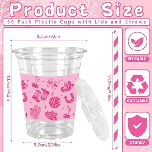 Whaline 50Pcs Pink Pony Club Plastic Cups Disposable Cups with Lids Straws 12oz Hot Pink Western Cowgirl Clear Plastic Cup for Birthday Bachelorette Party Supplies