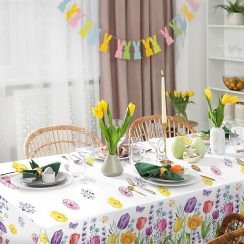 3-Piece 54 x 108 Inch Spring Tulip Floral Plastic Tablecloth – Colorful Wildflower Disposable Rectangle Table Covers with Botanical Border Design for Garden Party, Easter and Spring Celebrations