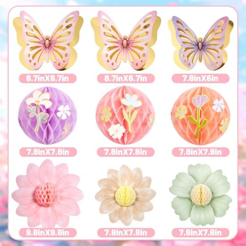 Paper Jazz Pastel Butterfly Decorations Hanging Paper Flowers Honeycomb Birthday for Fairy Party,Spring Theme Decor for Wildflower First Birthday,Tea,Garden Party,Classroom,Bulletin Board