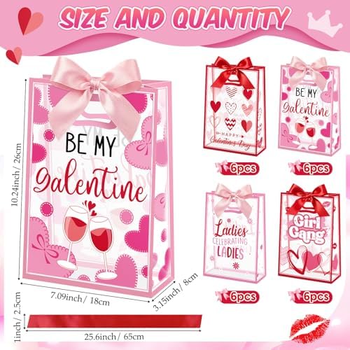 Capoda 24 Pack Galentine's Day Gift Bags with Handles - Large Pink and Red Valentine Party Favor Bags - Reusable Plastic Goody Bag for Girls Night & Ladies Celebration