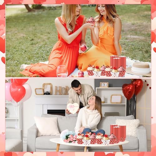 Domensi 100 Pcs Red Heart Cupcake Wrappers Rustic Cupcake Liners Red and White Baking Cups Baking Liners for Mother's Day Wedding Bridal Baby Shower Birthday Tea Party Supplies Dessert Decorations