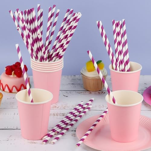 100 Packs Purple Biodegradable Striped Paper Straws, Disposable Drinking Straws for Birthday Carnival Summer Pool Party Wedding Baby Shower Halloween Christmas Party Decoration Supplies